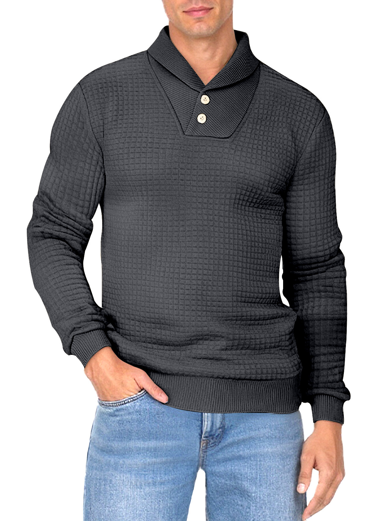 Transfronterizo Europa y América Amazon nuevo hombre pequeño cuadrado Jacquard botón de solapa Waffle camiseta casual de manga larga para hombre