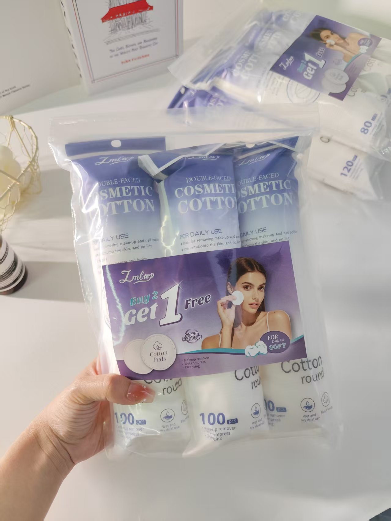 LMLTOP redondo algodón cosmético 150 piezas de doble cara bordes de prensa sándwich húmedo algodón cosmético redondo algodón cosmético suministrado exclusivamente a través de la frontera