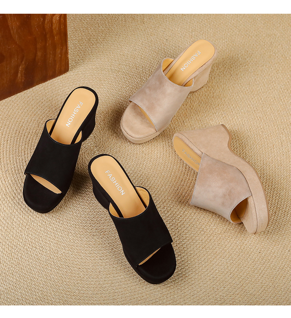 Sandal cao gót nữ đế xuồng 9cm quai ngang hở mũi chất liệu da lộn — màu đen, màu mơ chi tiết 18