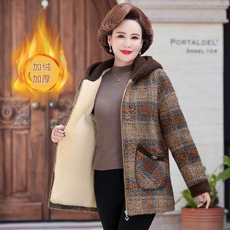 中老年妈妈冬装加绒毛呢棉服新款女装时尚洋气加厚连帽棉袄中长款
