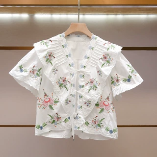 深圳南油高端女装夏季新款法式洋气时髦花卉刺绣显瘦短袖衬衫上衣
