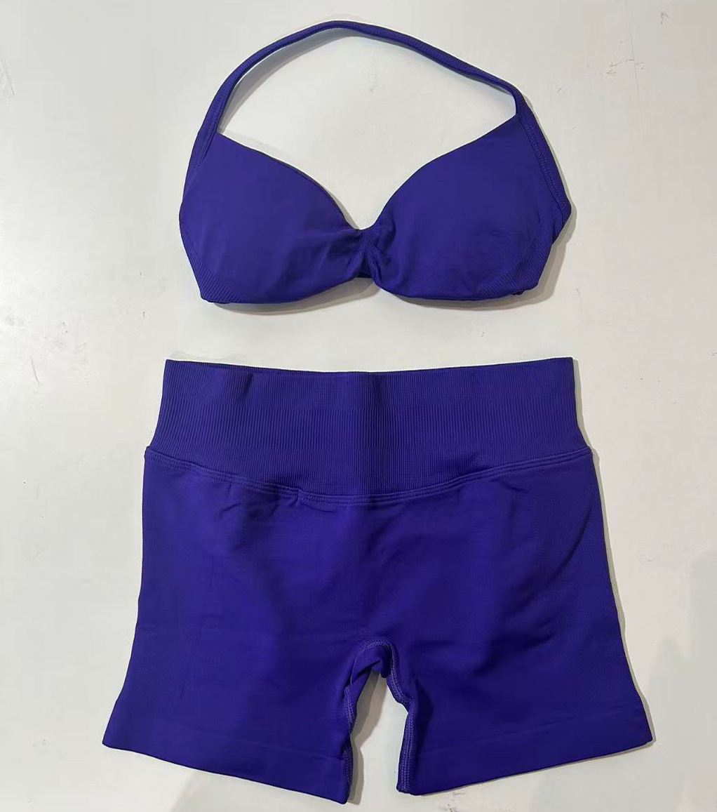 Conjunto DF Amazon pantalones cortos explosivos sujetador pequeño alto elástico superfino nailon halter cuello hermoso chaleco deportivo trasero