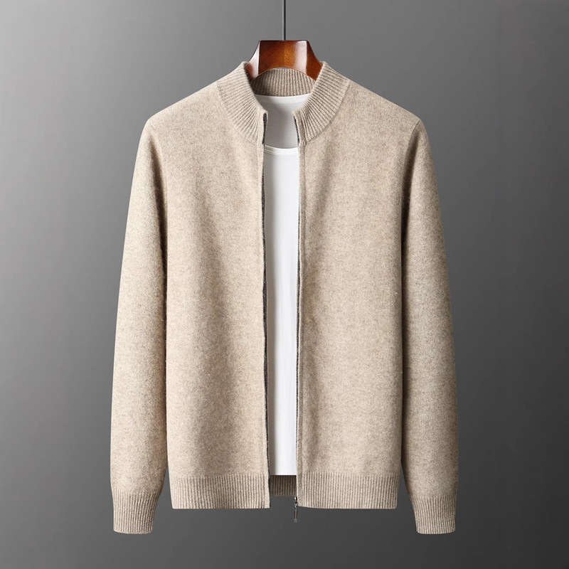Autumn and Winter New Pure Wool Knitted Double-stranded Thickened Collar Cashmere Cardigan Men's All-match Long-sleeved Cashmere Jacket