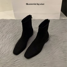 粗跟绒面法式小踝靴方头瘦瘦靴女鞋2024秋冬季加绒棕色马丁靴子