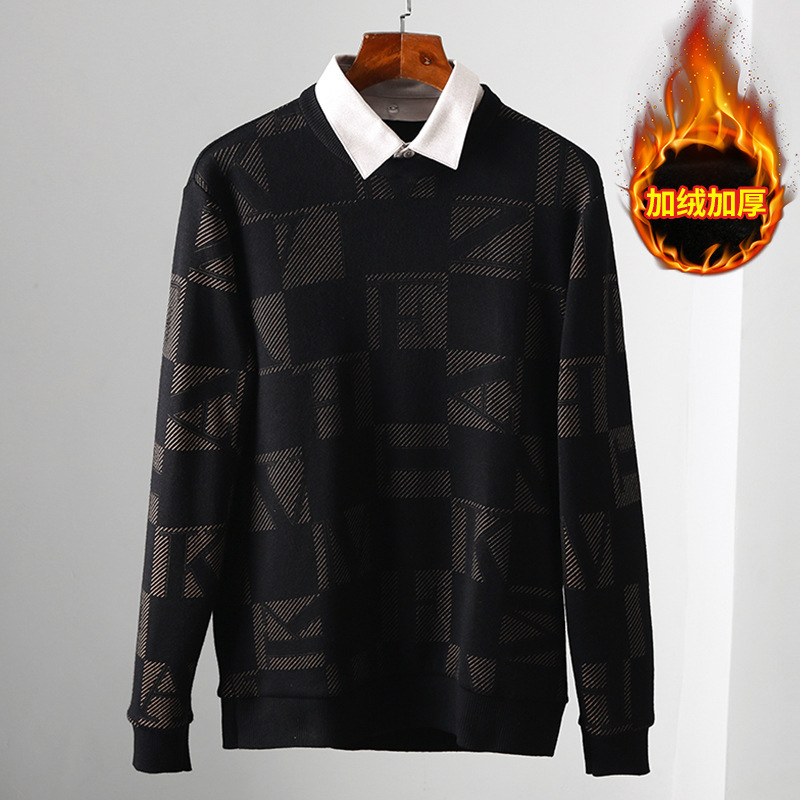 Remove the cabinet one clothes three wear removable shirt collar fake two-piece sweater men's winter velvet thick sweater 4D116