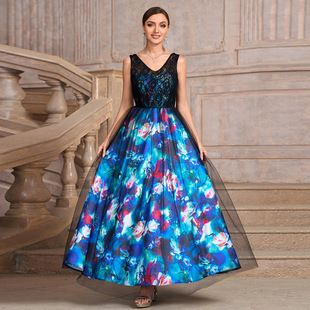2025 Cross Border Blue Sleeveless V-Neck Printing Black Mesh Stitching Large Pendulum Flower Printing Elegant Ladies