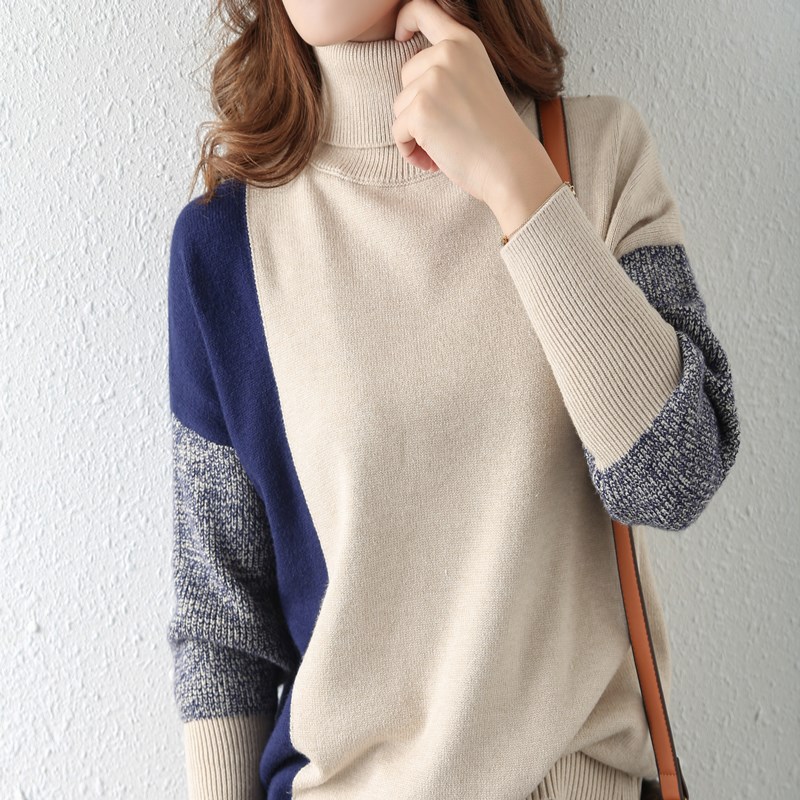 Autumn and Winter new Japanese style turtleneck sweater women's color matching bottoming loose thickened lazy style outerwear bottoming sweater
