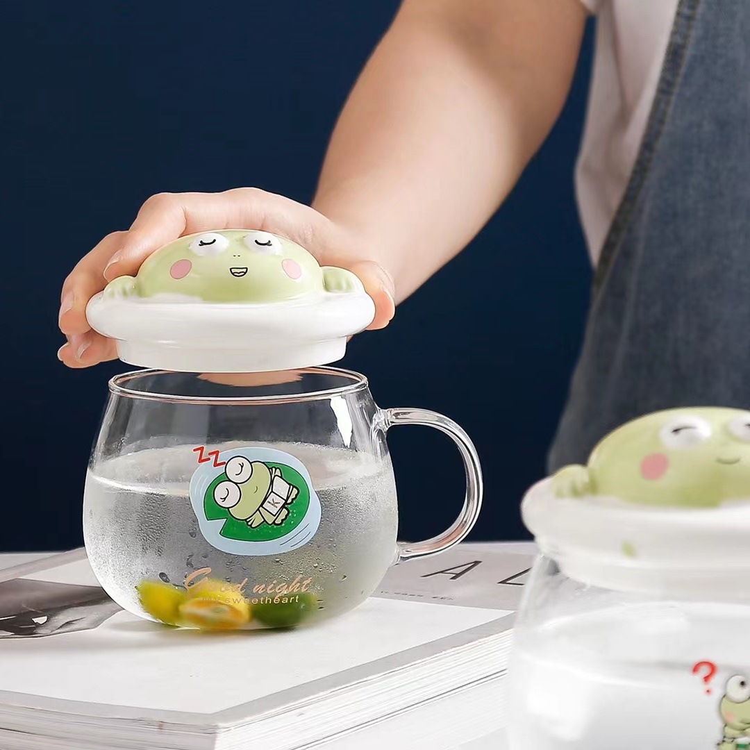 Corea personalidad creativa Linda historieta 3D forma taza Rana de cristal transparente con tapa cuchara agua