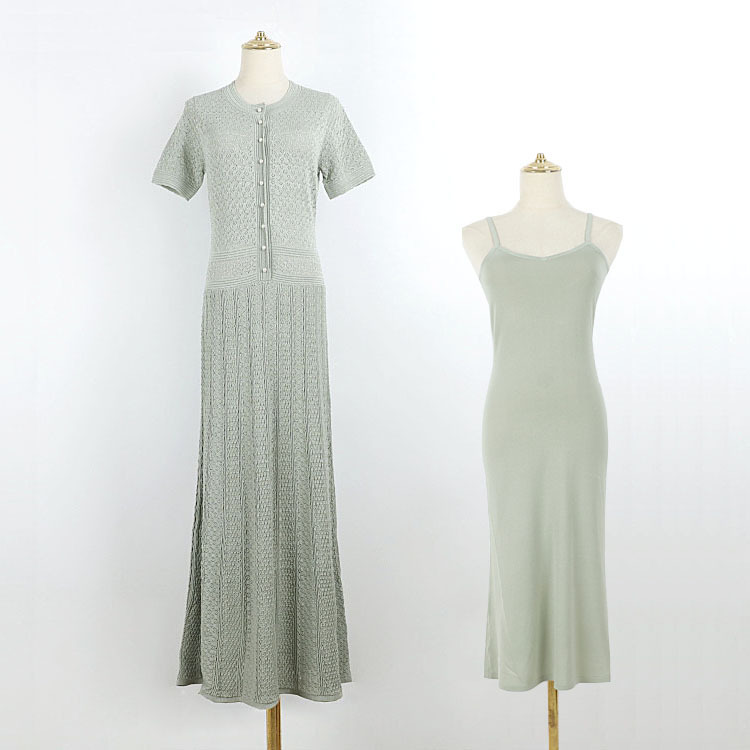 Early Summer Round Neck Lengthen Short-sleeved Knitted dress Single Row Pearl Button Diamond Pattern Large Pleated Skirt