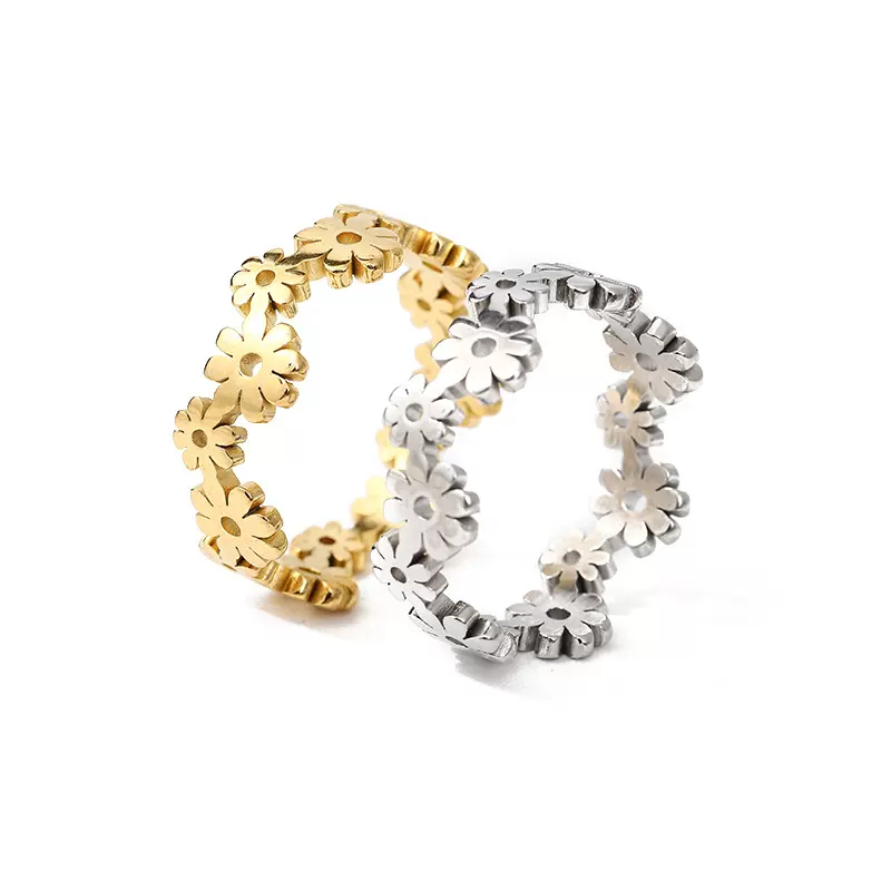 新款小雏菊切割镂空小清新太阳花朵钛钢戒指18k金食指尾戒饰品女