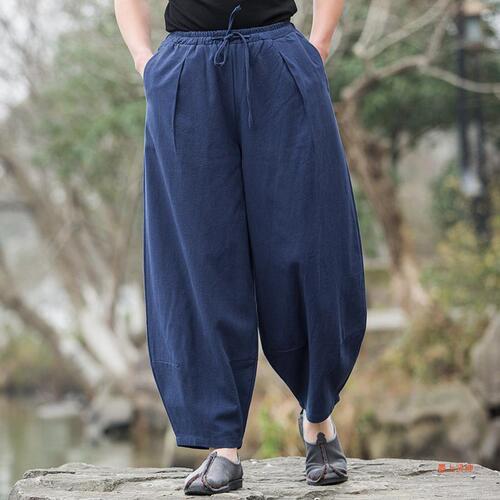 Spring and Autumn Chinese Style Men's Linen Casual Pants, Cotton and Linen Lantern Pants for Men, Loose Large Size Retro Wide Leg Long Pants