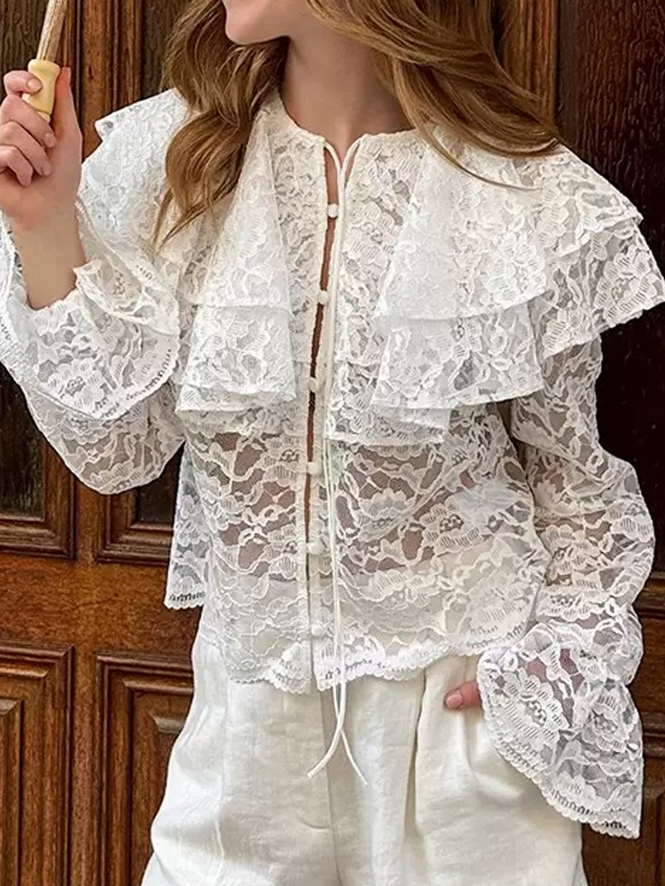 Camisa con Doble Cuello de Volante para Mujer de Poliéster con Encaje Manga Larga para Invierno