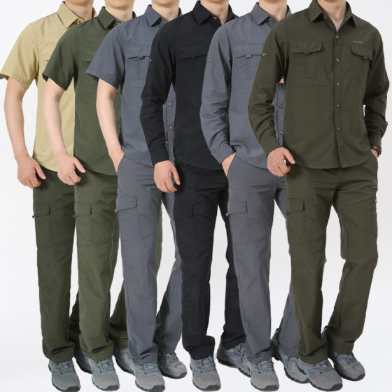 Outdoor military long-sleeved shirt autumn multi-bag suit non-ironing thin shirt men's work clothes embroidered logo