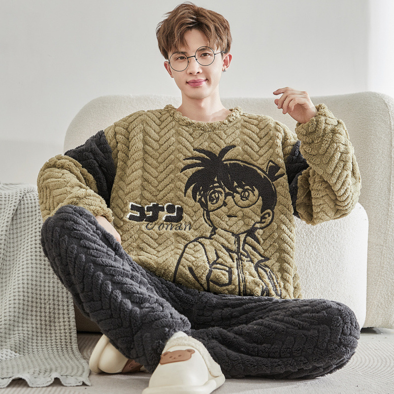 2025 Youth New Winter Pajamas Men's Thickened Long Sleeve Suit Cute Cartoon Winter Flannel Home Clothes