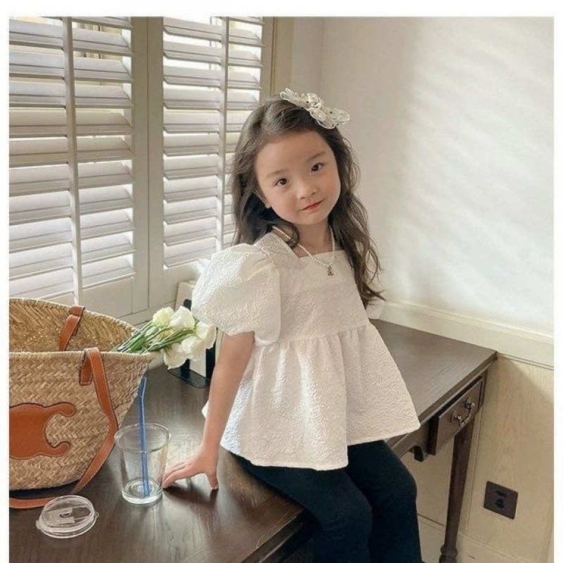 Детские летние футболки с коротким рукавом, новый стиль, корейский стиль, пышные рукава, бантик, повседневные рубашки для девочек