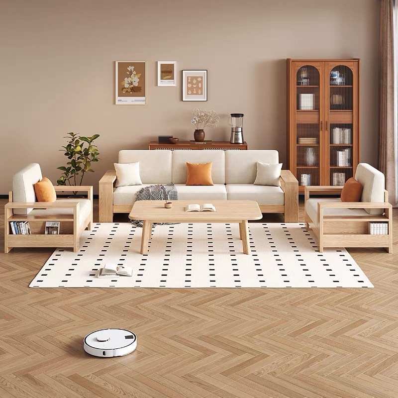 Sofá de madera sólida nórdica sofá de tela de madera de cera blanca simple sala de estar doméstica de madera de madera de tres filas
