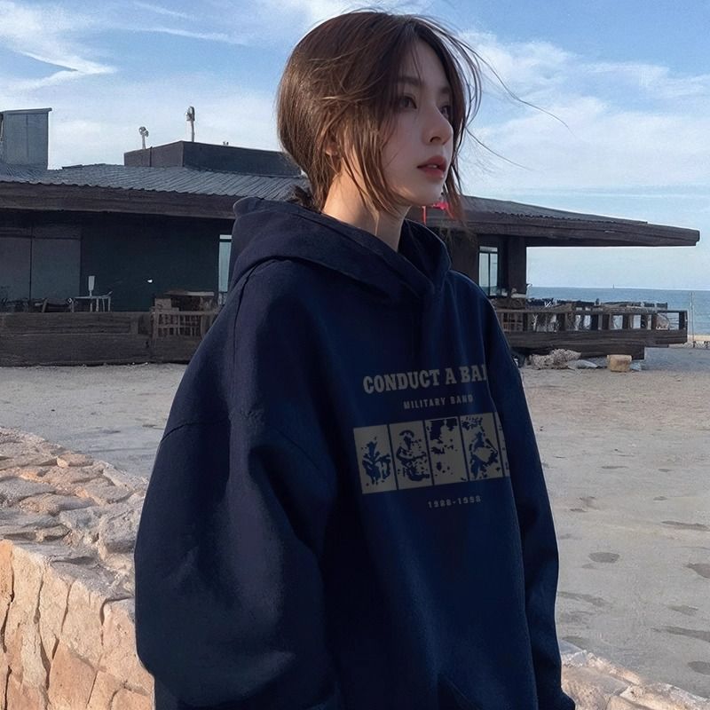 Black Hooded Sweatshirt for Women Autumn and Winter 2025 New Loose Lazy Spring and Autum Outwear Fleece-Lined Thickeneded Women's Top