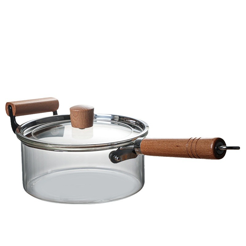 Transfronterizo de alta borosilicona de vidrio de silicio de aluminio de madera de mango de panela transparente con tapa de panela de leche casera de doble oreja de gran capacidad de panela de vidrio
