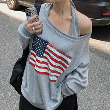 跨境欧美秋冬女装条纹印花挂脖露肩假两件上衣辣妹宽松休闲卫衣女