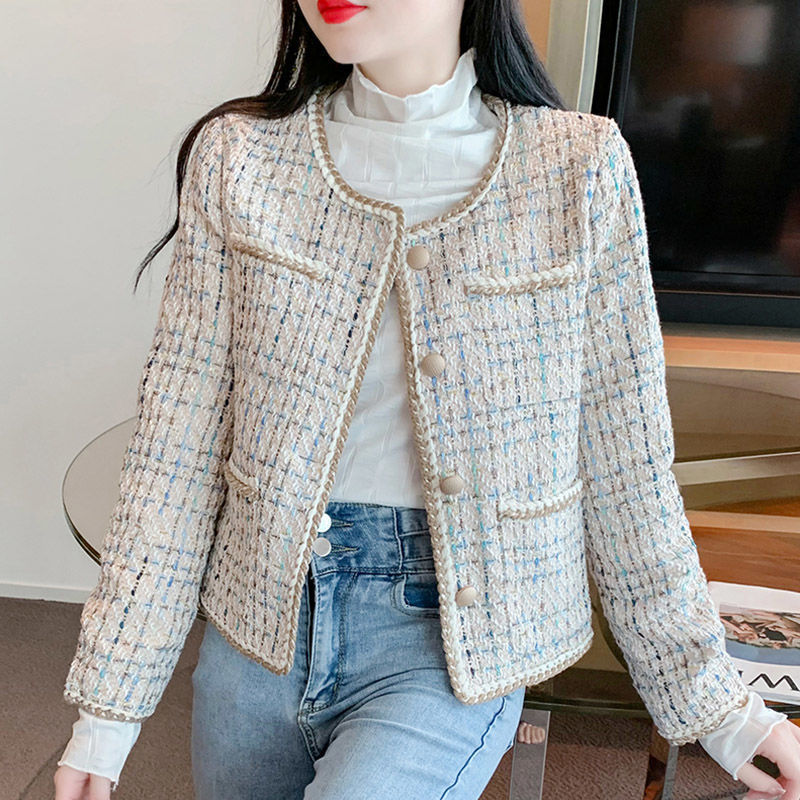 法式小香风外套女2025年春装新款爆款气质小个子短款粗花呢上衣|undefined