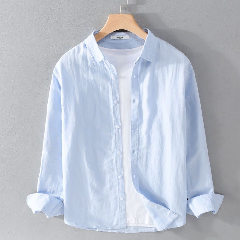 Camisa de lino blanco para hombre de manga larga casual solapa suelta joven japonés transpirable algodón lino camisa en pulgadas de moda masculina