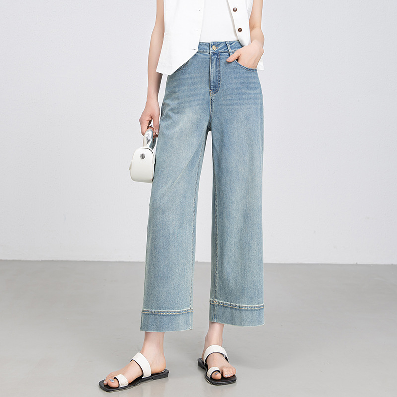 Xingge Light Blue Wide-Leg Jeans for Women, Summer Thin Loose Fit, Petite Cropped Straight-Leg Pants with Cuffs