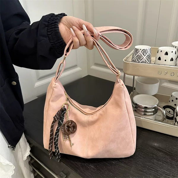 Frosted Large-Capacity Solid Color Versatile Casual Shoulder Bag for Women Retro Texture Casual Commuting Personalized Crossbody Bag