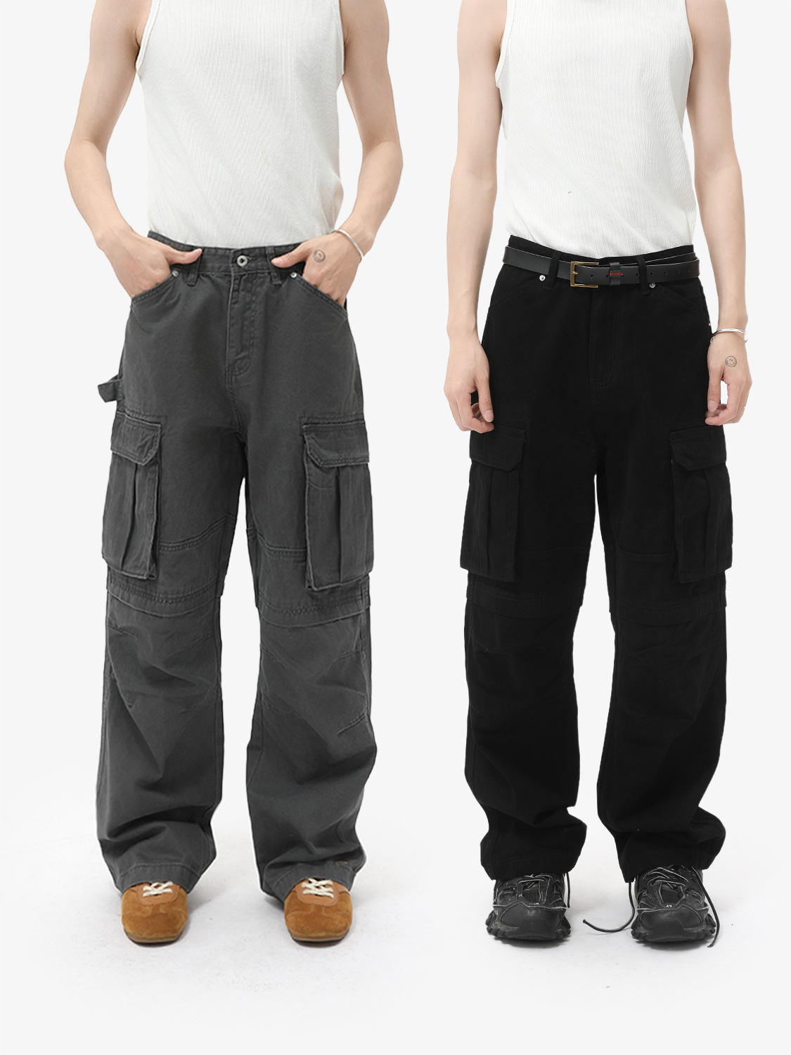 MTLCLOTHES Ropa de hombre | Vaqueros de trabajo sueltos de algodón de todo fósforo recto de color sólido de bolsillo grande de la calle casual