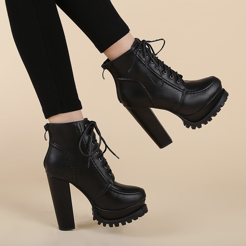 19-2 high heel chunky heel ankle boots 10CM autumn and winter New Platform platform platform platform Martin boots front lace-up non-slip women's boots