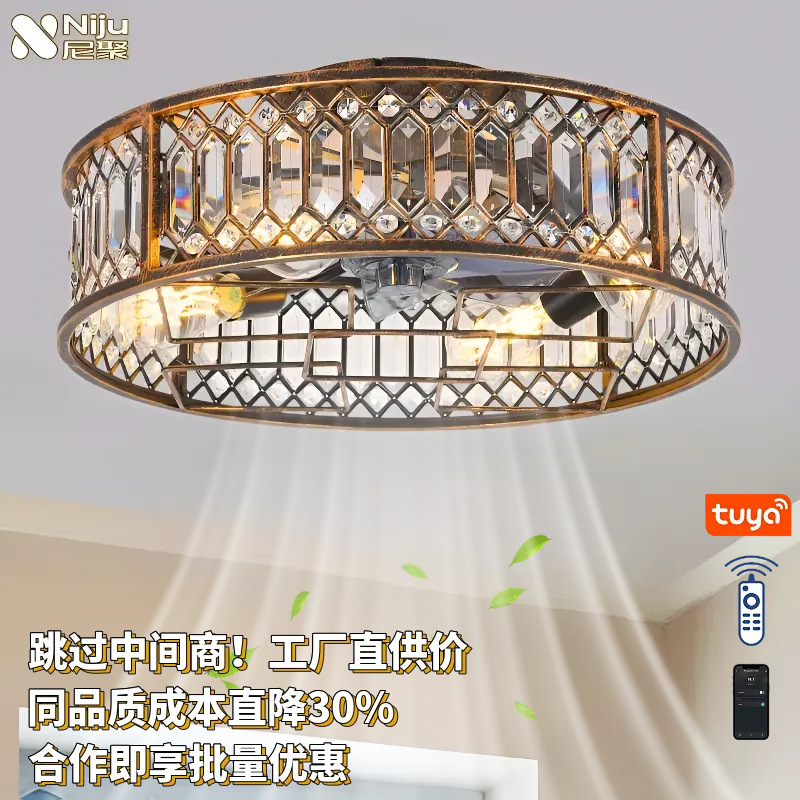 Cross-Border Fan Light, Ultra-Bright, Antique Style, All-In-One, Home Use, Living Room, Bedroom, Dining Room, Hall, Voice-Controlled Ceiling Fan Chandelier