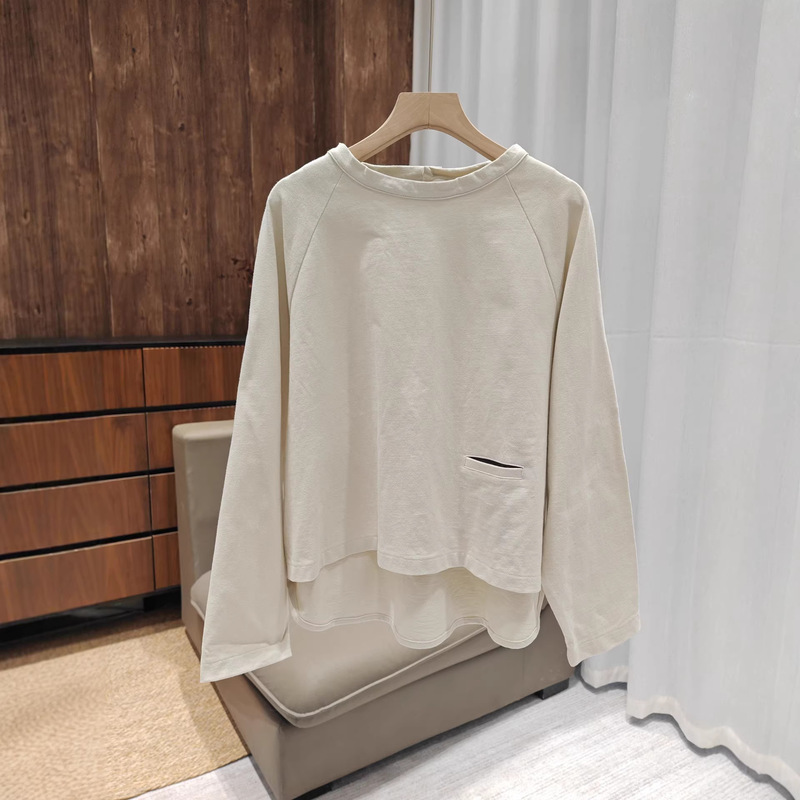 Japanese-Style Elbow Patch Pocket Cotton Long-Sleeve Top