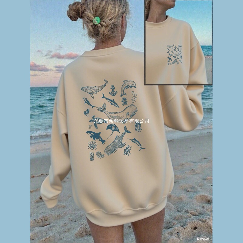 Marine Life Whale and Shark Print Sweatshirts Women Crew Neck Casual Sweatshirt Loose Fleece Warm Top