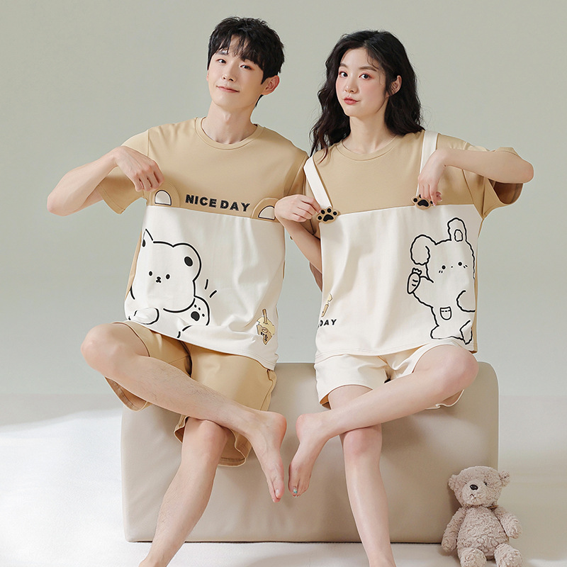 Pijamas de pareja pantalones cortos de manga corta de algodón de verano hombres y mujeres traje de homewear delgado de dibujos animados de oso lindo de algodón