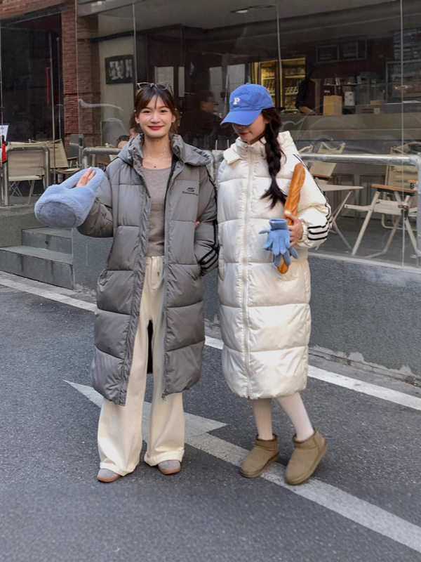 新款长款过膝三条杠羽绒棉服女2025年冬季小个子宽松保暖棉袄外套|undefined