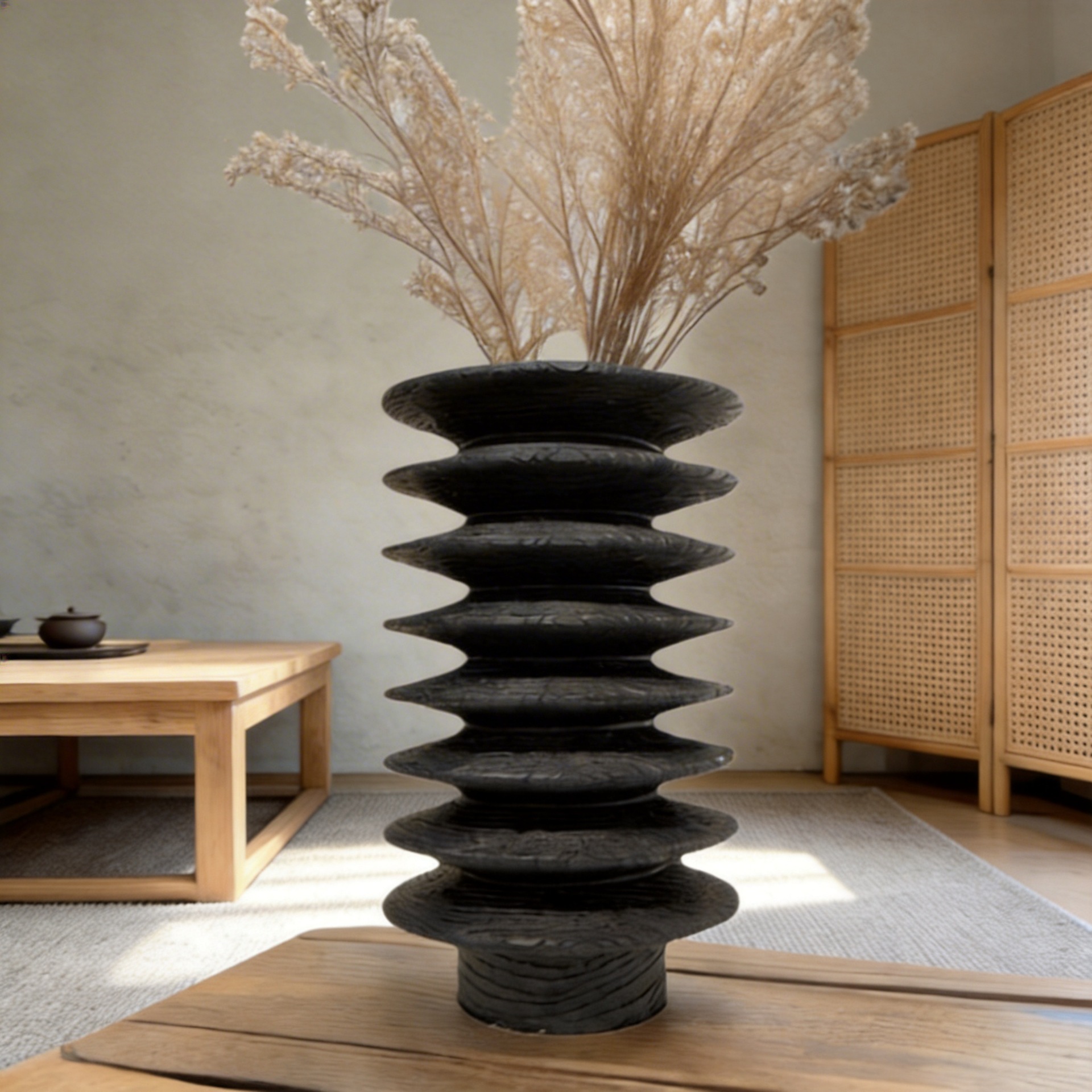 공장 판매 수제 Jifeng 홈 홈스테이 거실 블랙 탄화 나무 장식 꽃병 장식품 촬영 소품