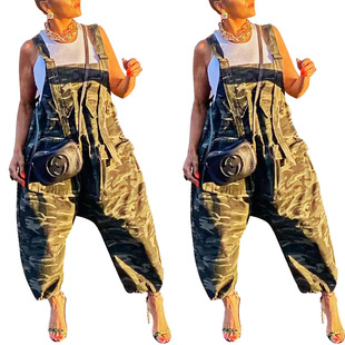 C3119 Independent Station AliExpress European and American Cross-border Women's Camouflage Casual Tooling Loose Strap Jumpsuit