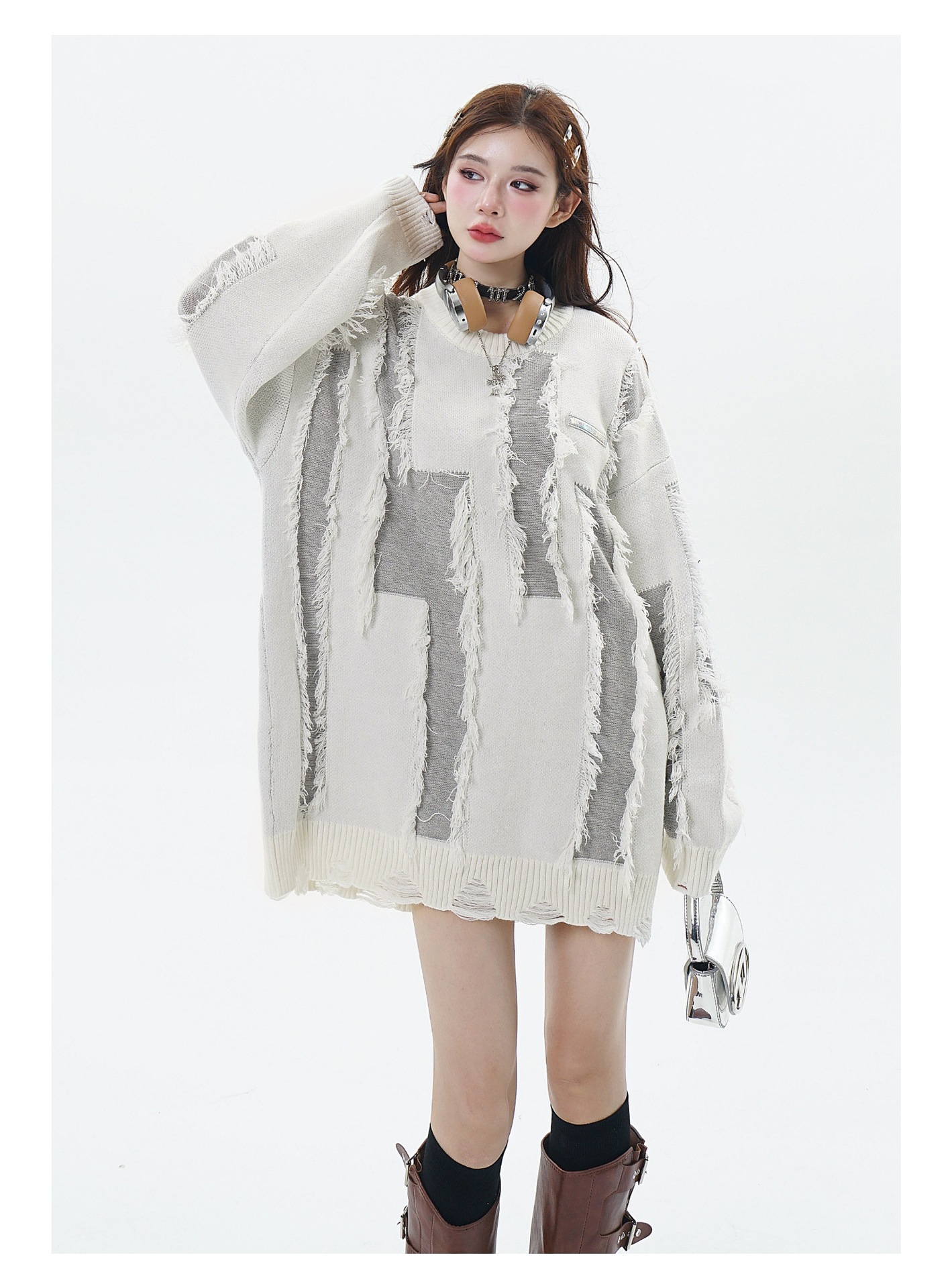 Ανδρικά Ρούχα με σκισμένες φούντες, μικρές ετικέτες, άνετη εφαρμογή, μοντέρνα πουλόβερ με χρωματική αντίθεση_voghion.com