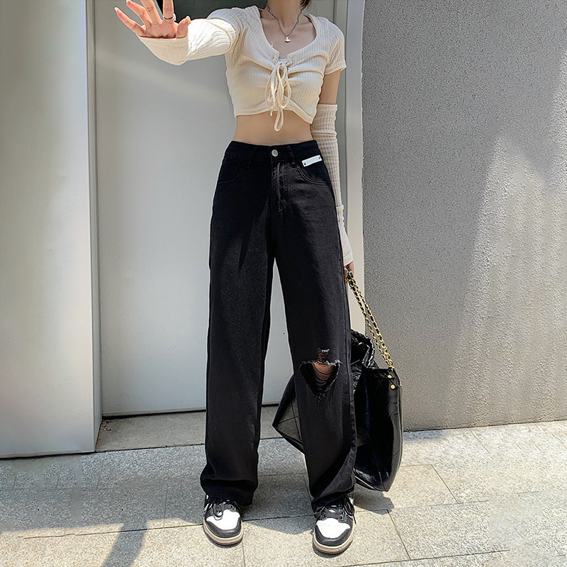 Spring and Autumn New Vibe Style Slimming Straight Jeans Loose Ripped Women's Trendy All-match Dipped Wide Leg Pants Spring and Autumn New Vibe Style Slimming Straight Jeans Loose Ripped Women's Trendy All-match Dipped Wide Leg Pants