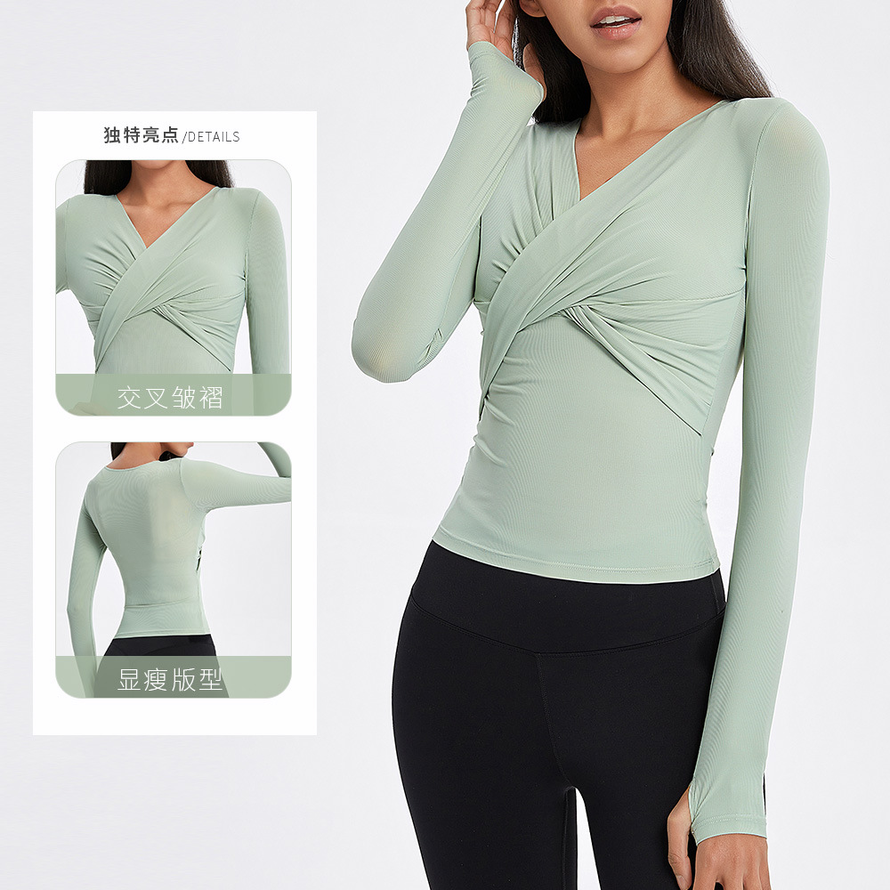 Ropa de yoga europea y americana fitness hilo Cruz plisado deportes superior transpirable correr manga larga superposición con cuello en V fitness ropa