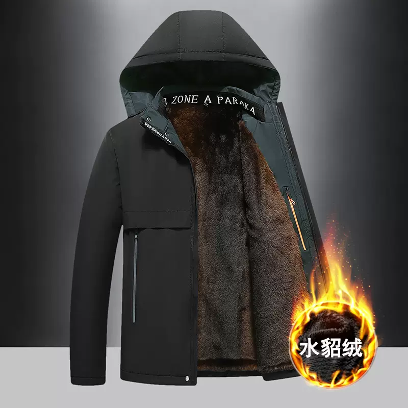 跨境冬季新款爸爸款水貂绒保暖派克服防寒大衣加厚中老年男士外套