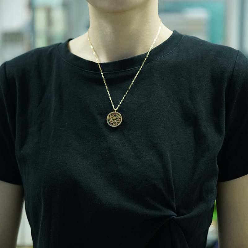 Fashion Round Letter Flower Stainless Steel Hollow Out Zircon Earrings Necklace 1 Set