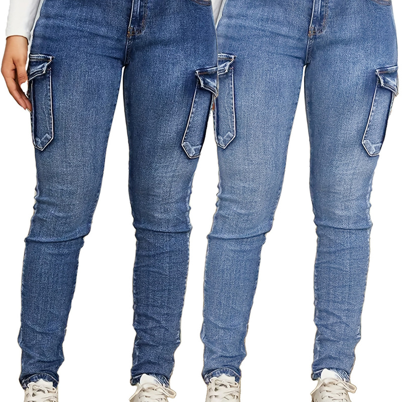 European and American Style Fashion Personality Low-Rise High-Elastic Denim Jeans with Side Pockets, Trendy Slim Fit Workwear Jeans