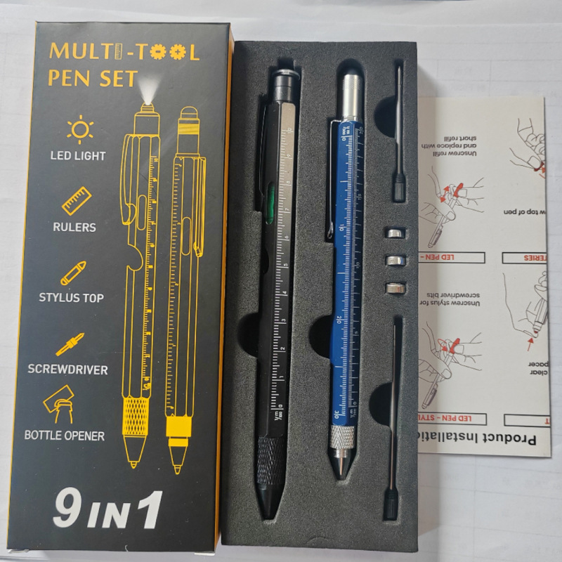 9合1笔开瓶器套装带LED灯笔多功能笔工具6合1金属圆珠笔礼品盒装|undefined