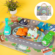 跨境亚马逊热销卡通惯性工程车男孩女孩小汽车套装动物车地图收纳