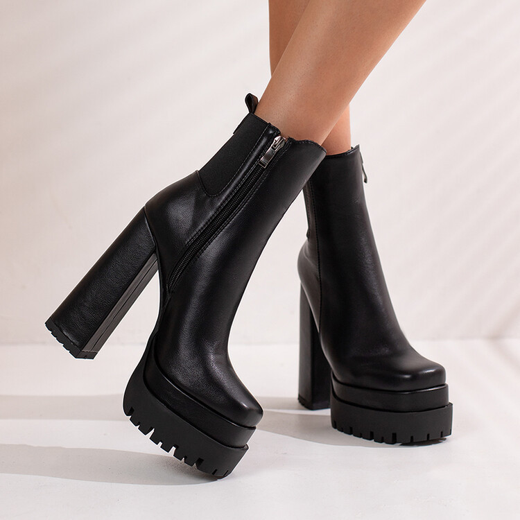 【Pre-sale | Ships In 15 Days】Women's Ankle Boots With Square Head And High Heel With Double Platform Back Elastic Side Zipper_voghion.com