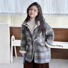 女童毛呢一体复古格子大衣2025秋冬新款中大童休闲时尚加绒呢大衣