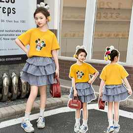 女童夏季韩版两件件2025萌娃短袖T格纹裙套装小女孩洋气蛋糕裙潮
