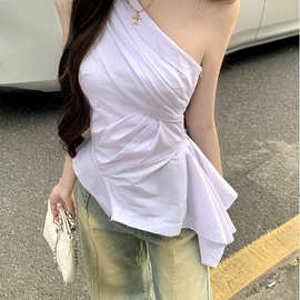 夏季新款不规则斜肩衬衫女白色百搭尚设计感气质小众无袖别致上衣