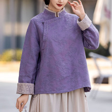 2025秋季新款文艺复古立领斜襟盘扣棉麻衬衫女装套头立领上衣