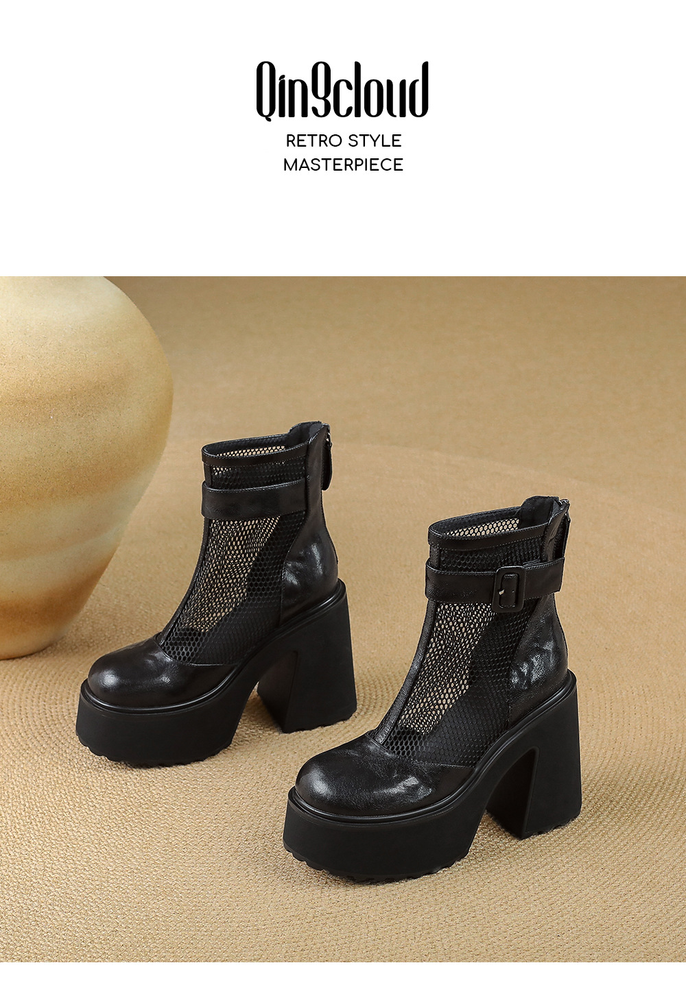 Boot nữ đế dày hở mũi phong cách La Mã da thật lưới thoáng khí kéo khóa trước mùa hè cổ thấp — màu đen chi tiết 14